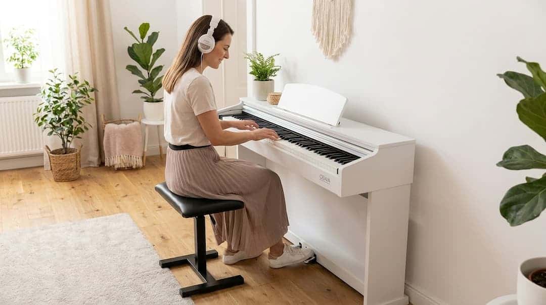 Slečna s dloubými blond vlasy hraje ve stém bytě na bílé digitální piano Gewa a na uších má sluchátka Gewa.